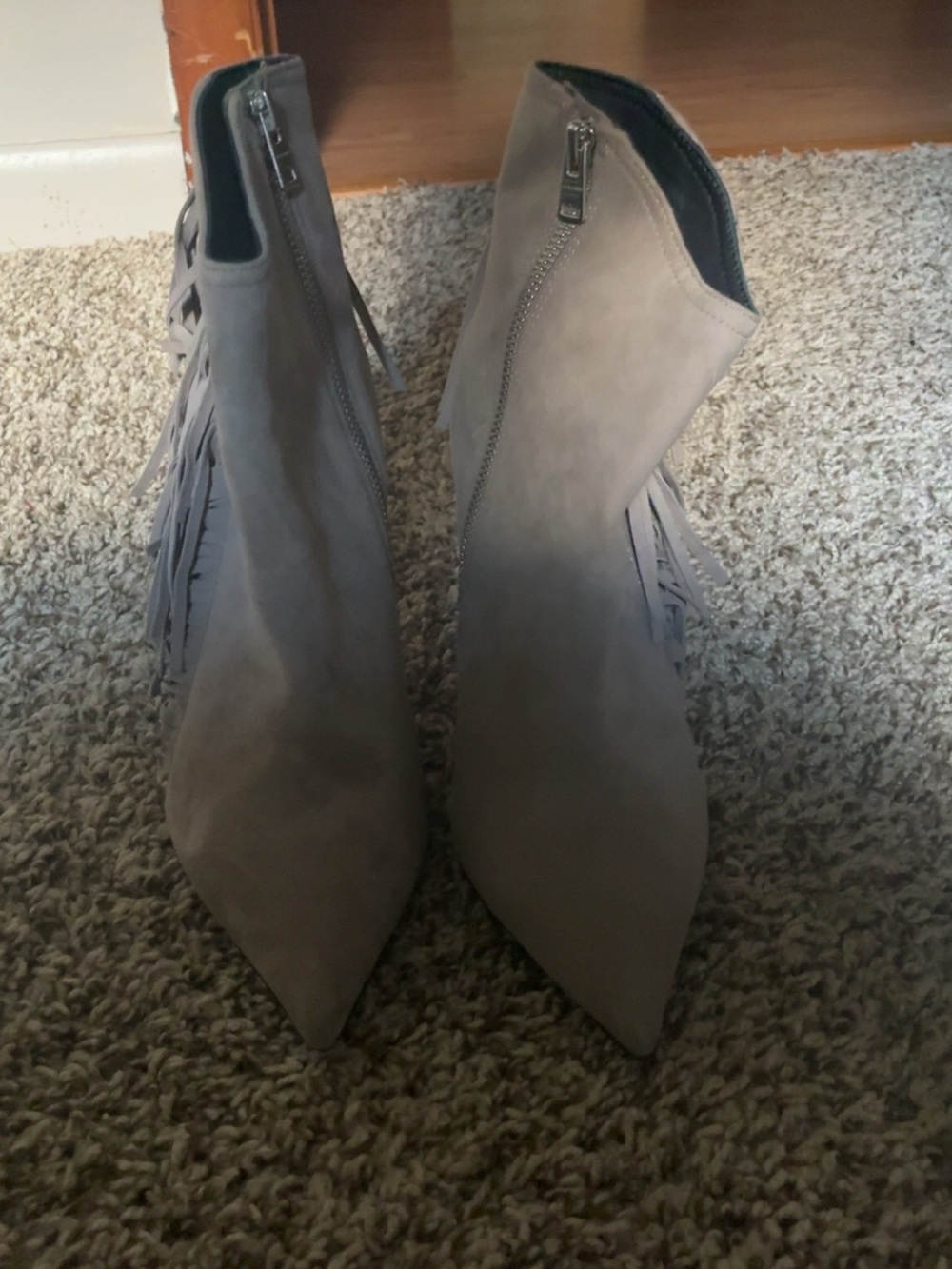 All Saints Gray Suede Pointed Fringe Ankle Boots